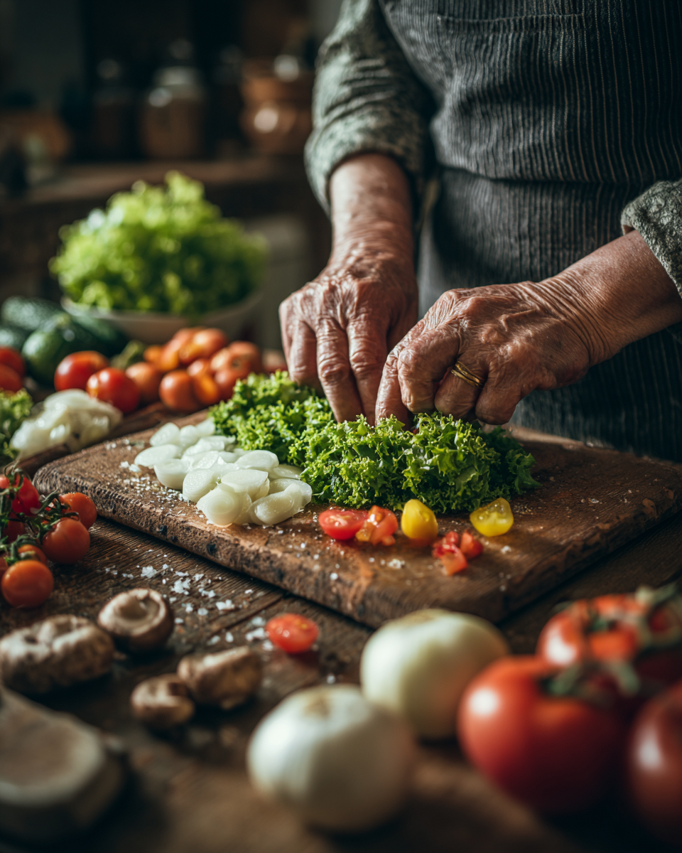 Старша пара готує здорову їжу на кухні